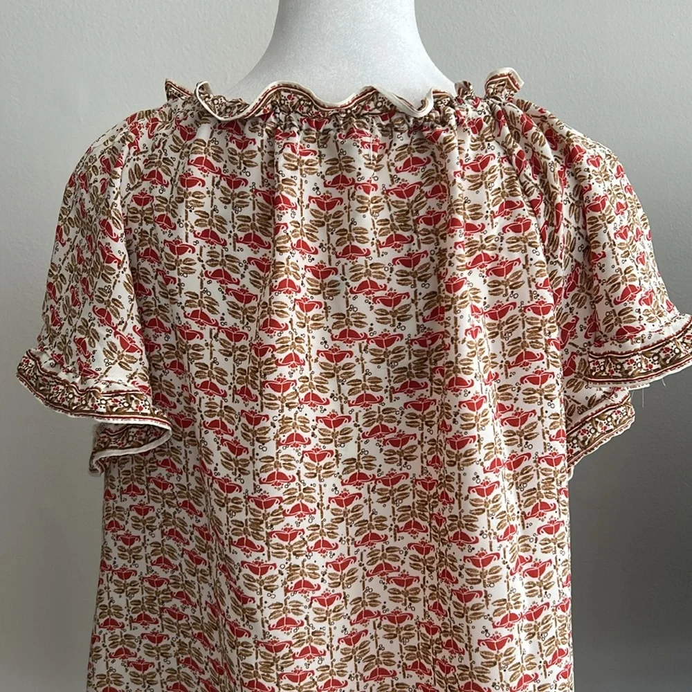 New! Max Studio Boho Floral Patterned Tie Neck Ruffle Cap Sleeve Blouse Medium - Picture 6 of 8
